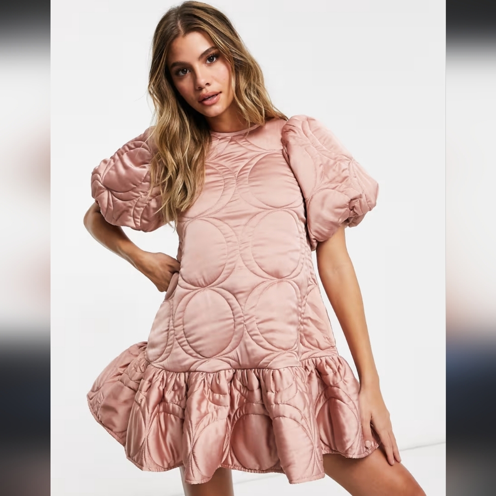 ASOS DESIGN premium satin quilted mini smock dress with puff sleeves in …